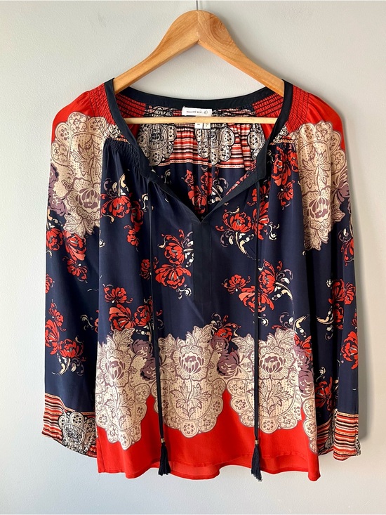 Meadow Rue Tops - Meadow Rue 100% Silk Boho Peasant Style Tunic Blouse Size XS Navy Red Cream